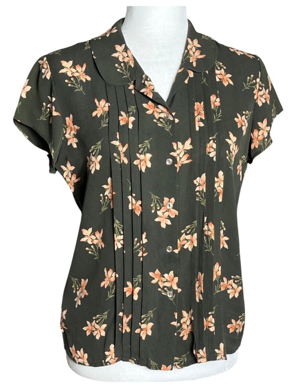 Silk Floral Blouse Green Jones NY Peter Pan Collar Pleats Academia Preppy Wom 8